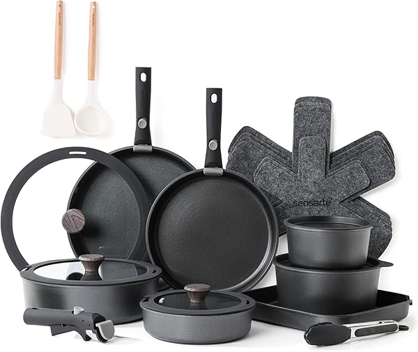 SENSARTE Topfsets Pfannenset 24 Teiliges, Antihaft Kochgeschirr mit Abnehmbarem Griff*3, Für alle Herdarten Geeignet, Spülmaschinenfest, Ofenfest (Schwarz)