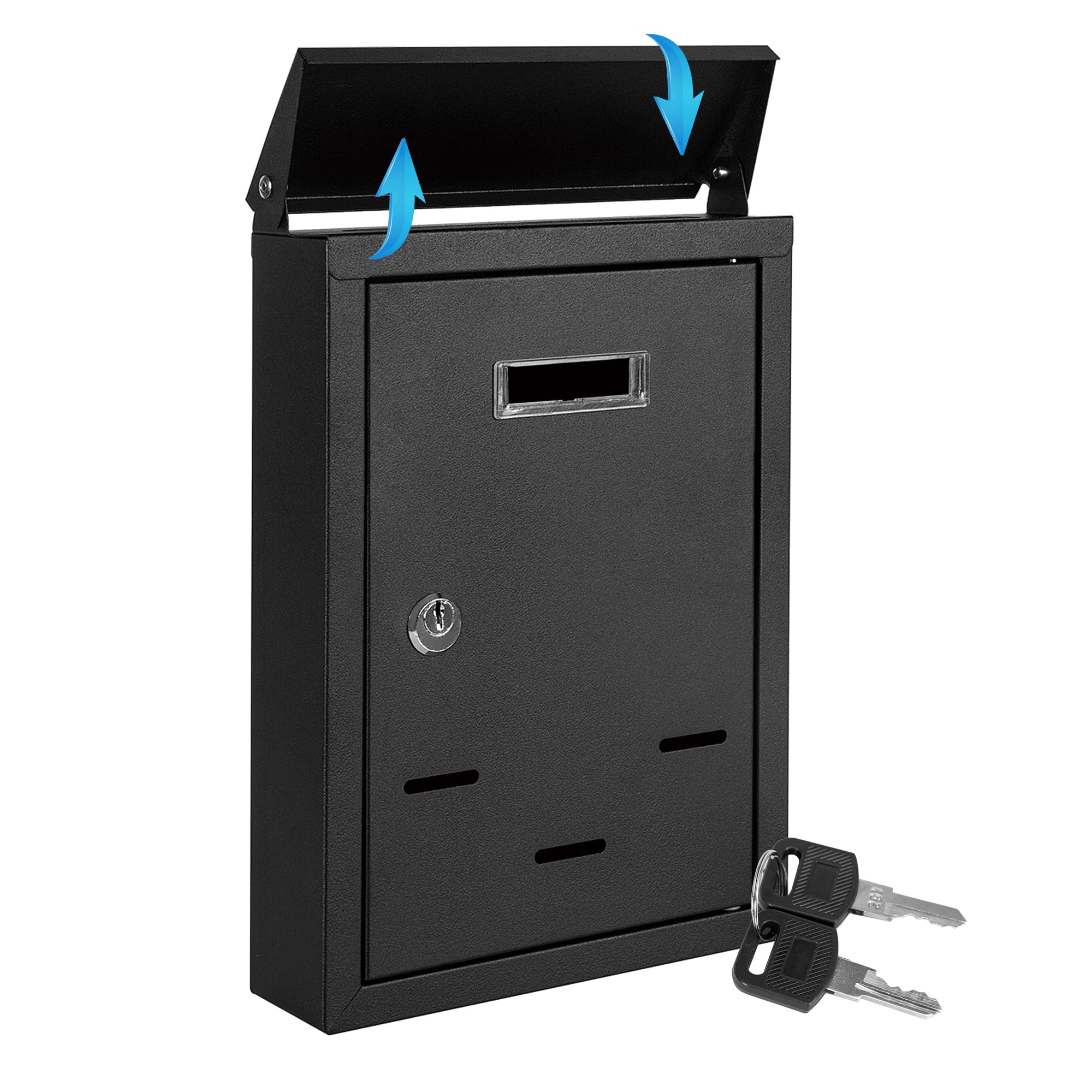 Photo 1 of YOOBOX Wall-Mount Mailbox with Lock and Keys, Locking Key Drop Box with View Window, Galvanized Steel Metal Mail Box for House Outside, 11.81 x 7.87 x 2.56 Inch, Black