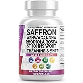 Clean Nutraceuticals Saffron Supplements Extract 100mg + Ashwagandha L-Theanine 200mg - Mood Support Ginkgo Biloba, St. John's Wort, Rhodiola Rosea & 5-HTP Capsules Pills Men Women