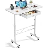 COMHOMA Small Standing Desk with Storage Drawer, Mobile Height Adjustable Rolling Sit Stand Desk with Lockable Wheels 4‑Level Portable Laptop Desk for Small Space Home Office Treadmill Workstation