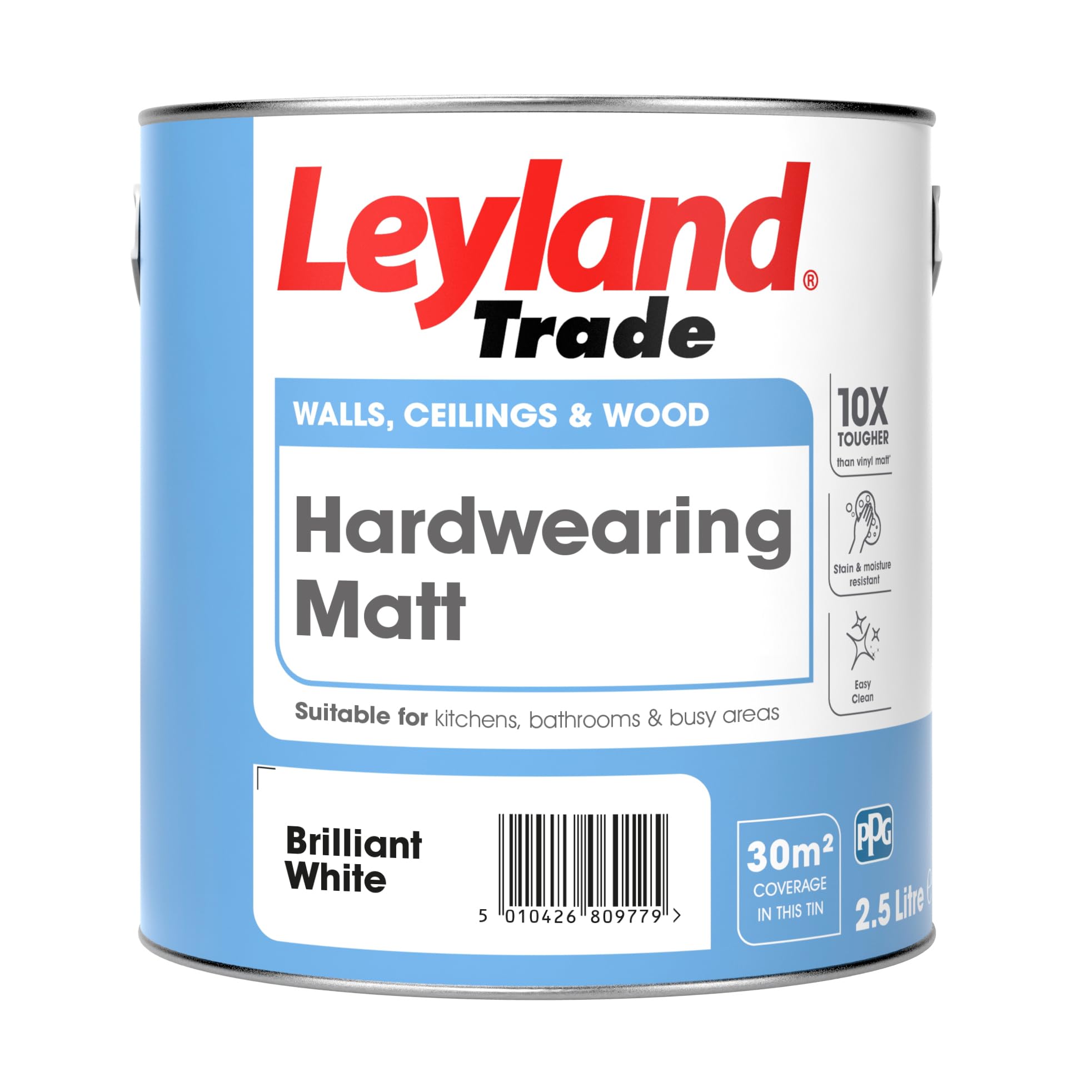 Leyland Trade - Hardwearing Matt Paint - Brilliant White - Stain and Moisture Resistant - Suitable for Kitchens and Bathrooms - 2.5L