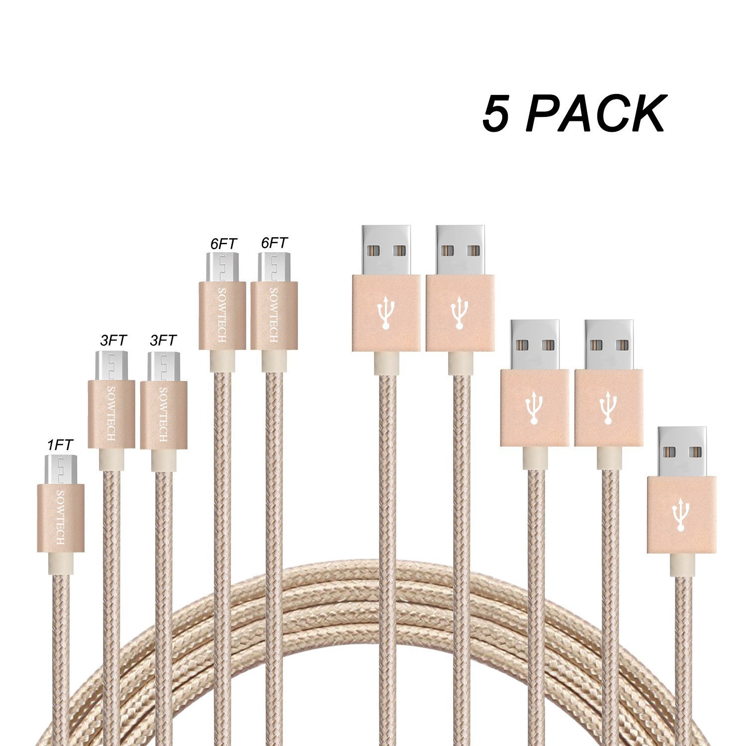 Micro USB Cable SOWTECH 5-Pack 1ft/2x3ft/2x6ft Durable Nylon Braided Interconnects USB 2.0 A Male to Micro B Sync and Charging Cords for Android Phones and Tablets - Gold