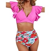 Soucrat Women's Ruffle High Waisted Swimsuit Two Piece Tropical Print Swimsuit Push Up Bathing Suit