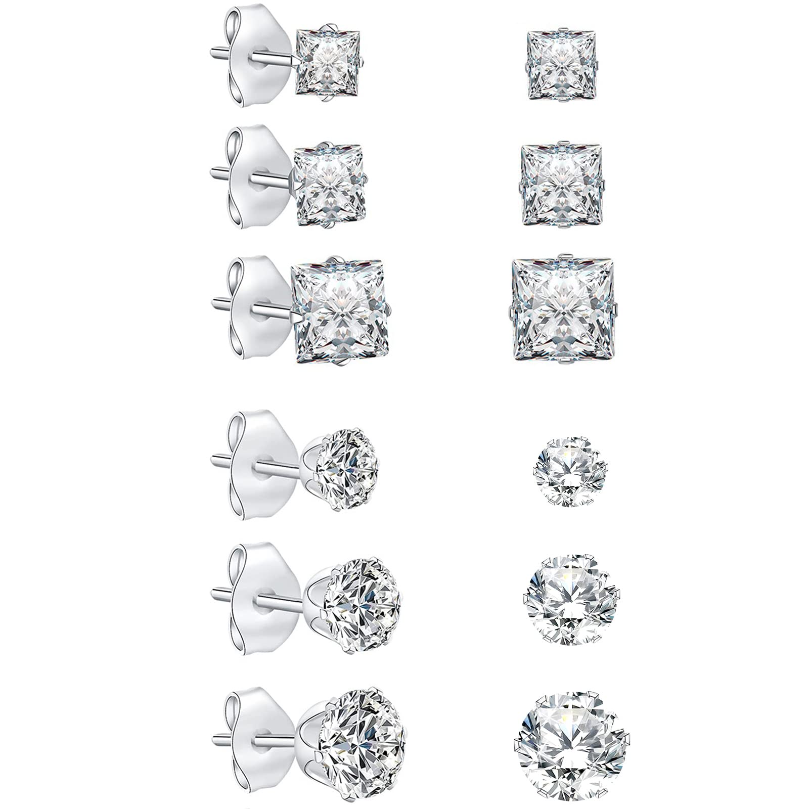 Stainless Steel Silver Stud Earring for Women, 6Pairs Men's Diamond Stud Earrings, Surgical Steel Hypoallergenice Earrings, 4/5/6MM Cartilage Sleeper Earrings, Ear Piercing Studs — image 1