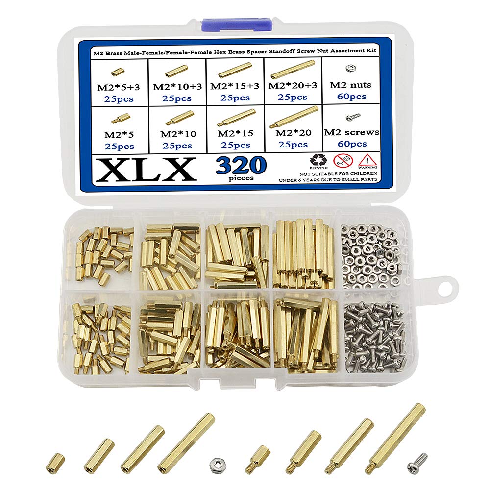 BGTXINGI 320Pcs M2 Brass Male-Female/Female-Female Hex Brass Spacer Standoff Screw Nut Assortment Kit and Stainless Steel Screw Nut Set (Brass M2)