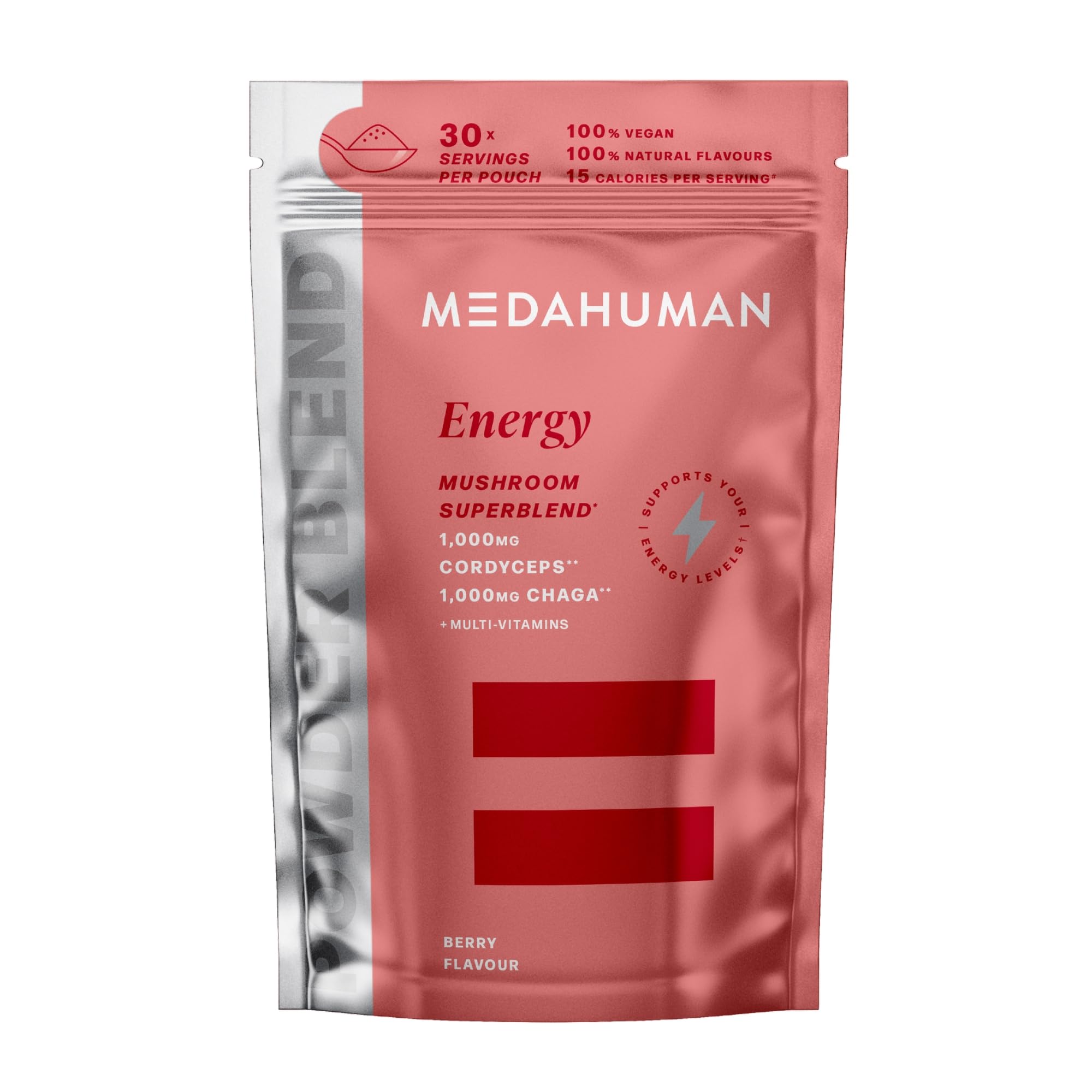 MEDAHUMAN® Energy | Cordyceps Mushroom Powder (30 Servings) | Adaptogen Superblend Mushroom Powder with Chaga, Maca Root and Green Tea Extract for Focus and Stamina | Berry Flavour