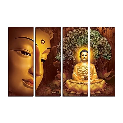 eCraftIndia 4 Panel Meditating Buddha Premium Canvas Painting (100 cm x 1 cm x 61 cm, Set of 4, CPGKB2103)