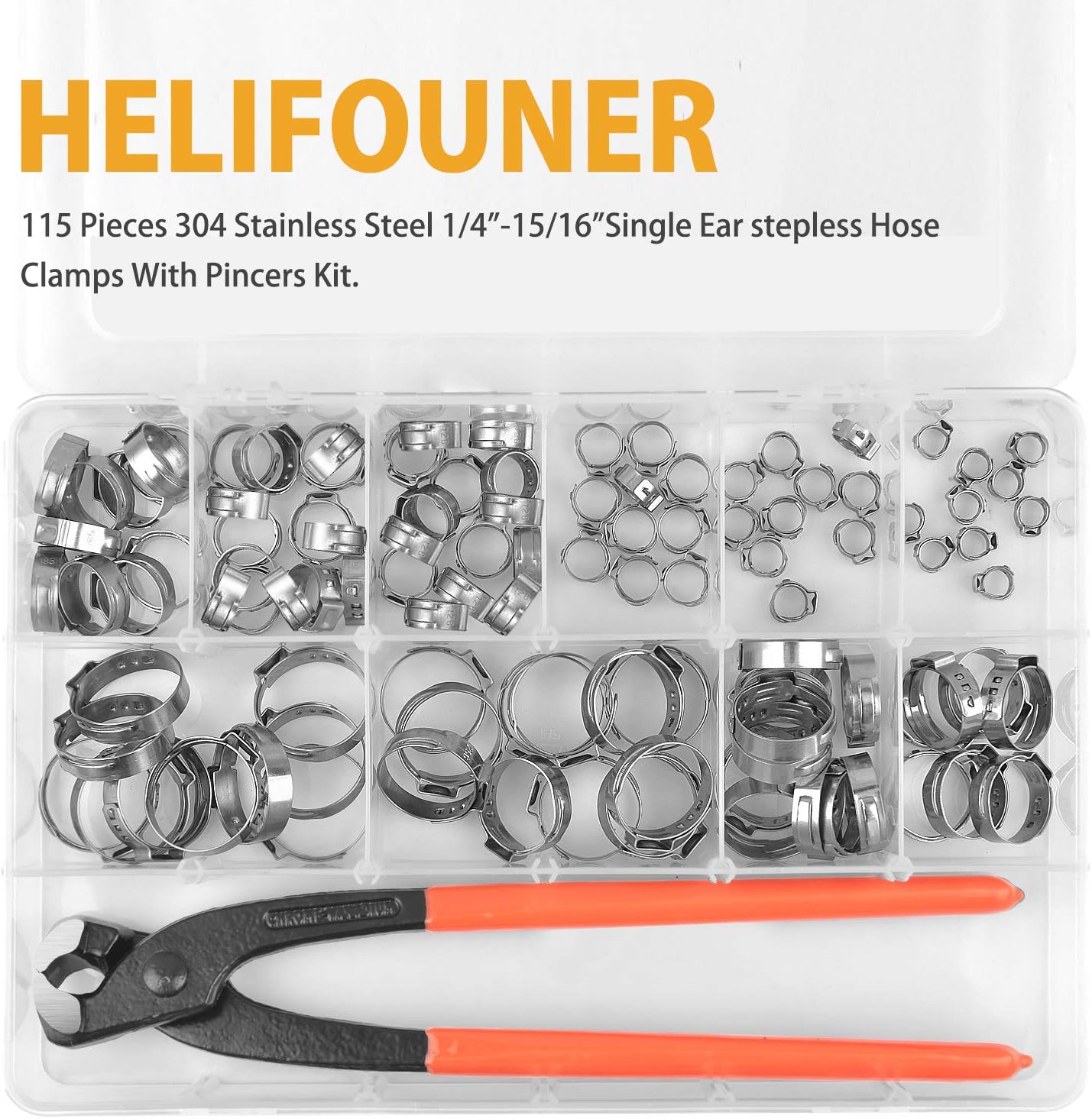 VIGRUE 115Pcs 304 Stainless Steel Single Ear Hose Clamps, 6-28.6mm Stepless Hose Clamps with Ear Clamp Pincer, Cinch Rings Crimp Hose Clamps Assortment Kit for Water Pipe, Plumbing and Automotive Use - - 