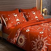 INTOMENG Celestial Bdding 7 Pieces Burnt Orange Comforter Set Boho Bedding Witchy Bedding Set Hippie Bed Set Starry Galaxy Comforter Set Queen Sun and Moon Bed Set Full