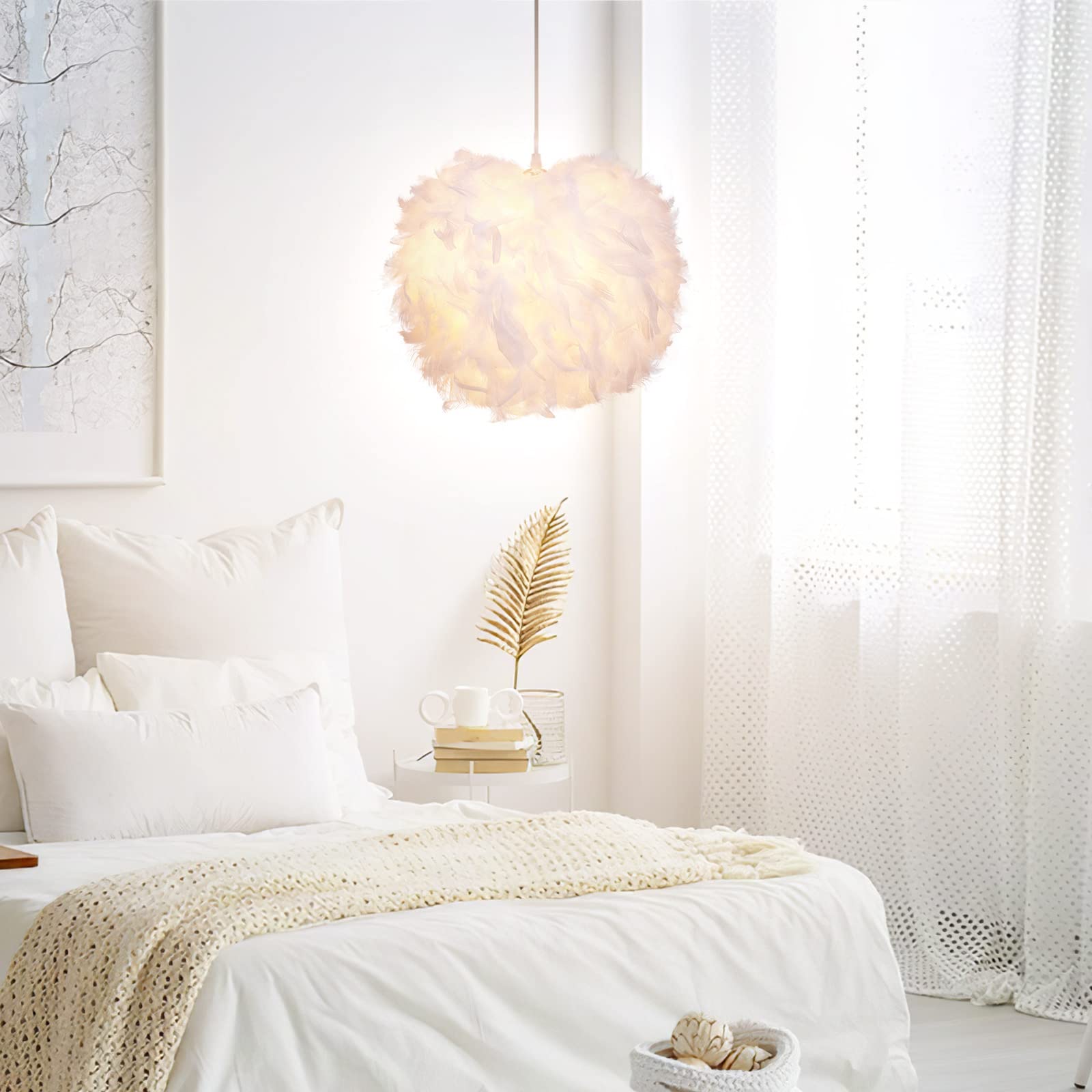 30 cm White Feather Light Shade, Pendant Ceiling and Table Lamp - Fluffy Feather Shade for Living and Bedroom