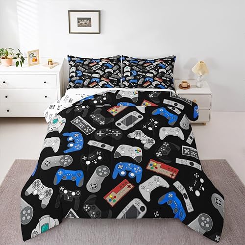 Erosebridal Teens Gamepad Comforter Set, Modern Gamer Down Comforter Queen Size for Kids Boys Children Youth, Video Game Bedding Set Player Gaming Joystick Duvet Insert for Bedroom, Black Blue