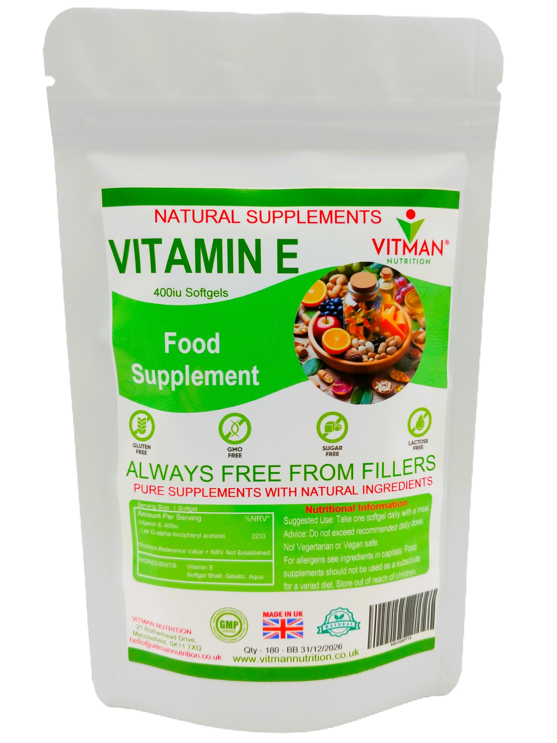 Vitamin E 400iu Softgels - High Strength - Natural Antioxidant - Anti Ageing - Skin & Cell Protection, Natural D-Alpha Tocopherol, High Potency and Absorption.