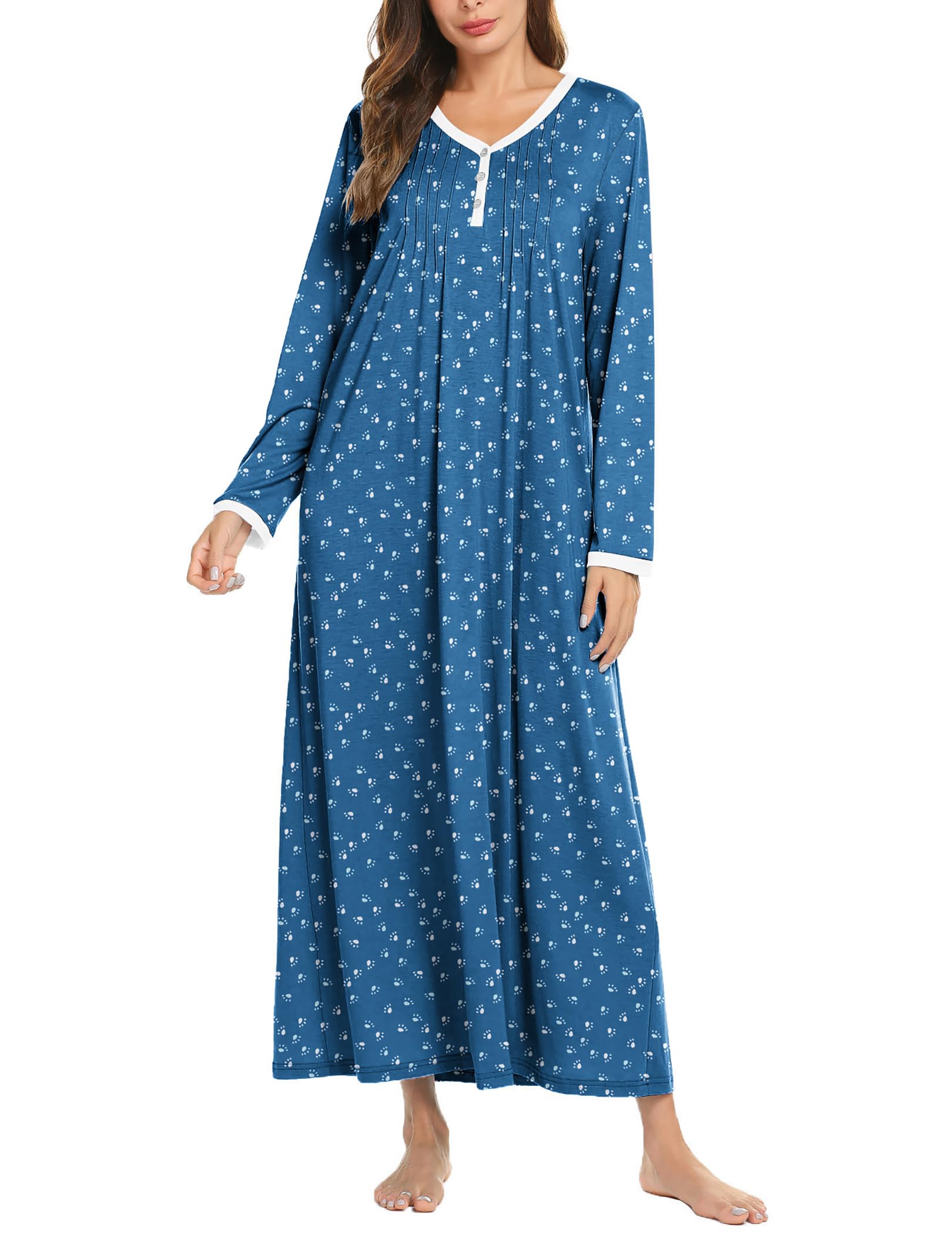Ekouaer Women's Long Sleeve Nightgown Full Length Sleepwear Long Sleepshirts Henley Sleep Dress S-4XL Image