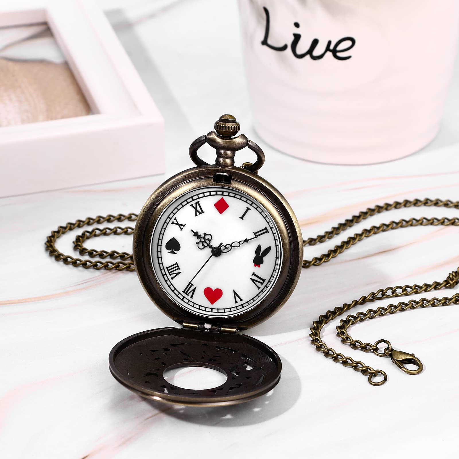 JewelryWe Taschenuhr Herren Retro Alice im Wunderland Skelett Kettenuhr mit Römischen Ziffern Vintage Analog Quarz Uhr Anhänger mit Halskette Kette für Damen Männer Bronze 2