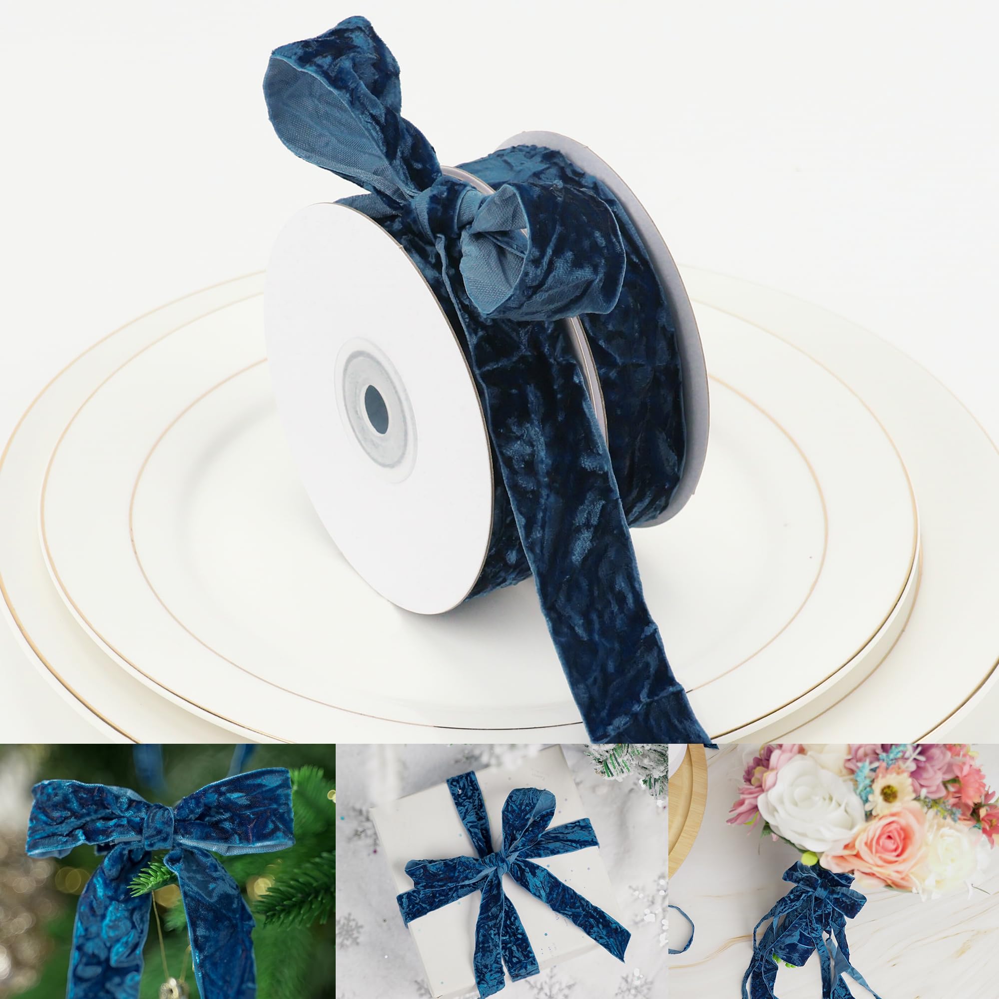 Photo 1 of HUIHUANG Blue Velvet Ribbon 1 inch x 10 Yards Luxury Crushed Blue Christmas Velvet Ribbon for Tree Ornaments, Gift Wrapping, Wreath Decoration, Invitations, Holiday Decor, Bows, Flower Bouquets
