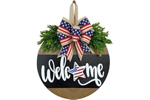 EYEZER 4th of July Welcome Sign for Front Door Decoration,3D Memorial Day Independence Day Patriotic Door Wreath Sign, Round Wood Wreath Hanging Sign for Front Door Wall and Porch