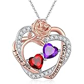 Rose Heart Necklaces for Women, 14K Rose Gold/White Gold Filled Overlapping Double Hearts Birthstone Pendant, Mother's Day Valentine's Day Anniversary Birthday Christmas Jewelry Gifts for Wife Mom Daughter Her