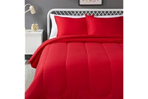Amazon Basics 3 Piece Microfiber Kid's Comforter and Pillow Sham Set, Full/Queen, Red, Solid