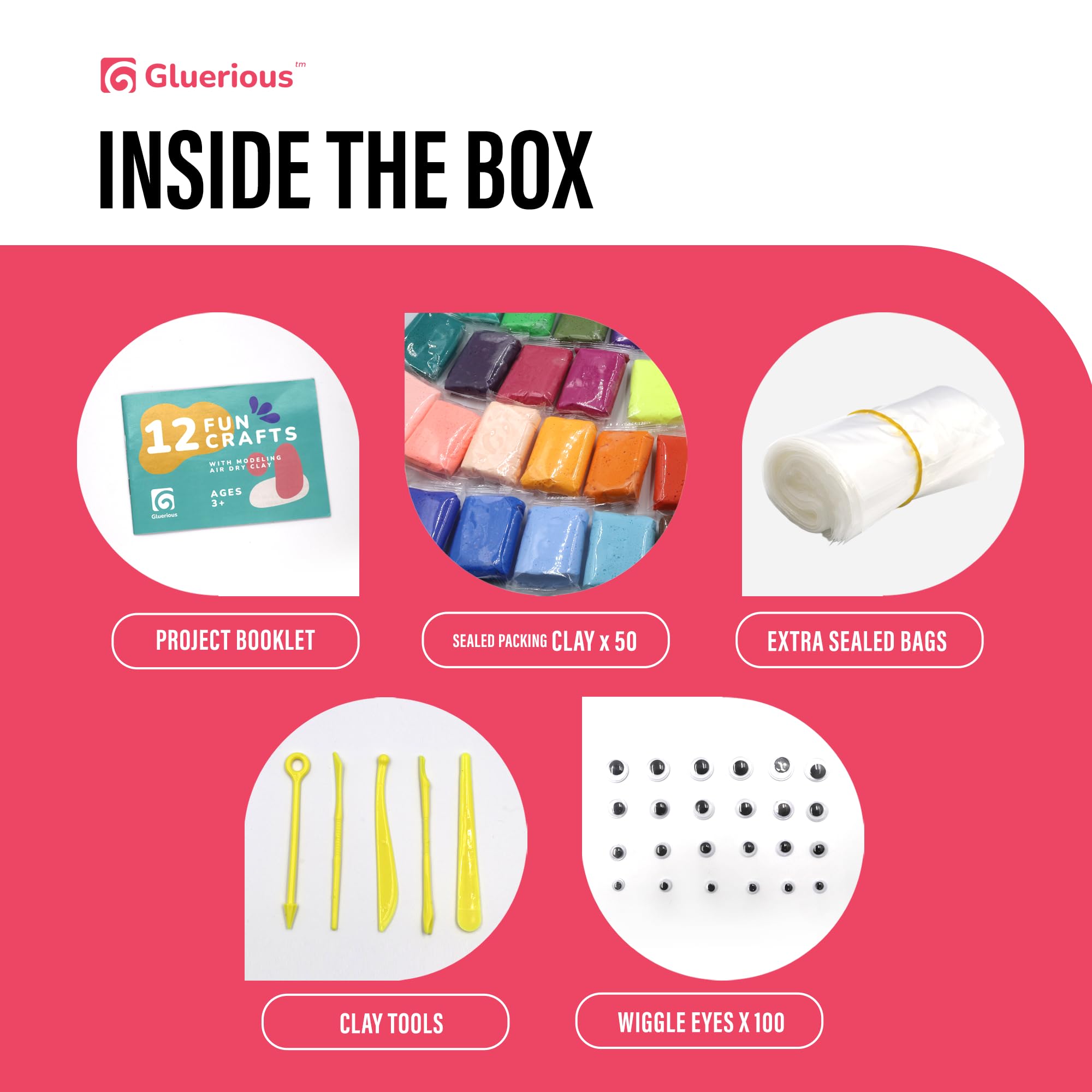 Air Dry Clay for Kids & Adults - Magic Modeling Clay Kit: 50 Vibrant Colors, 100 Googly Eyes, Soft & Safe Material - Creative Fun Arts and Crafts Set