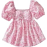 RoseSeek Girl's Floral Puff Sleeve Smocked Blouses Shirts Sweetheart Neck Babydoll Peplum Top