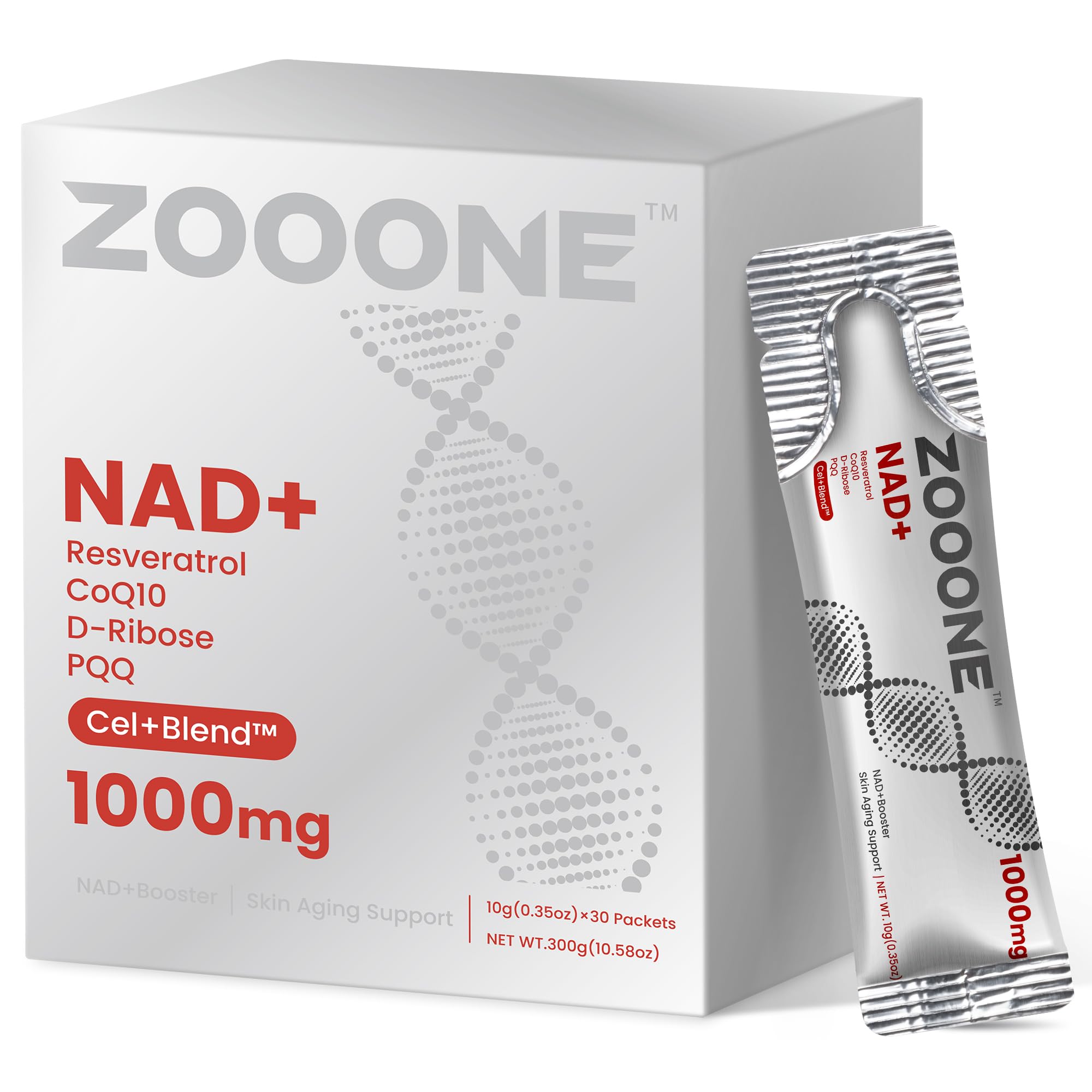 zooone NAD+ 1000mg Liquid Packets Supplement - Premium Nicotinamide Riboside & Resveratrol for Cellular Energy,Advanced NAD Booster for Men & Women (30 Pocket) Image