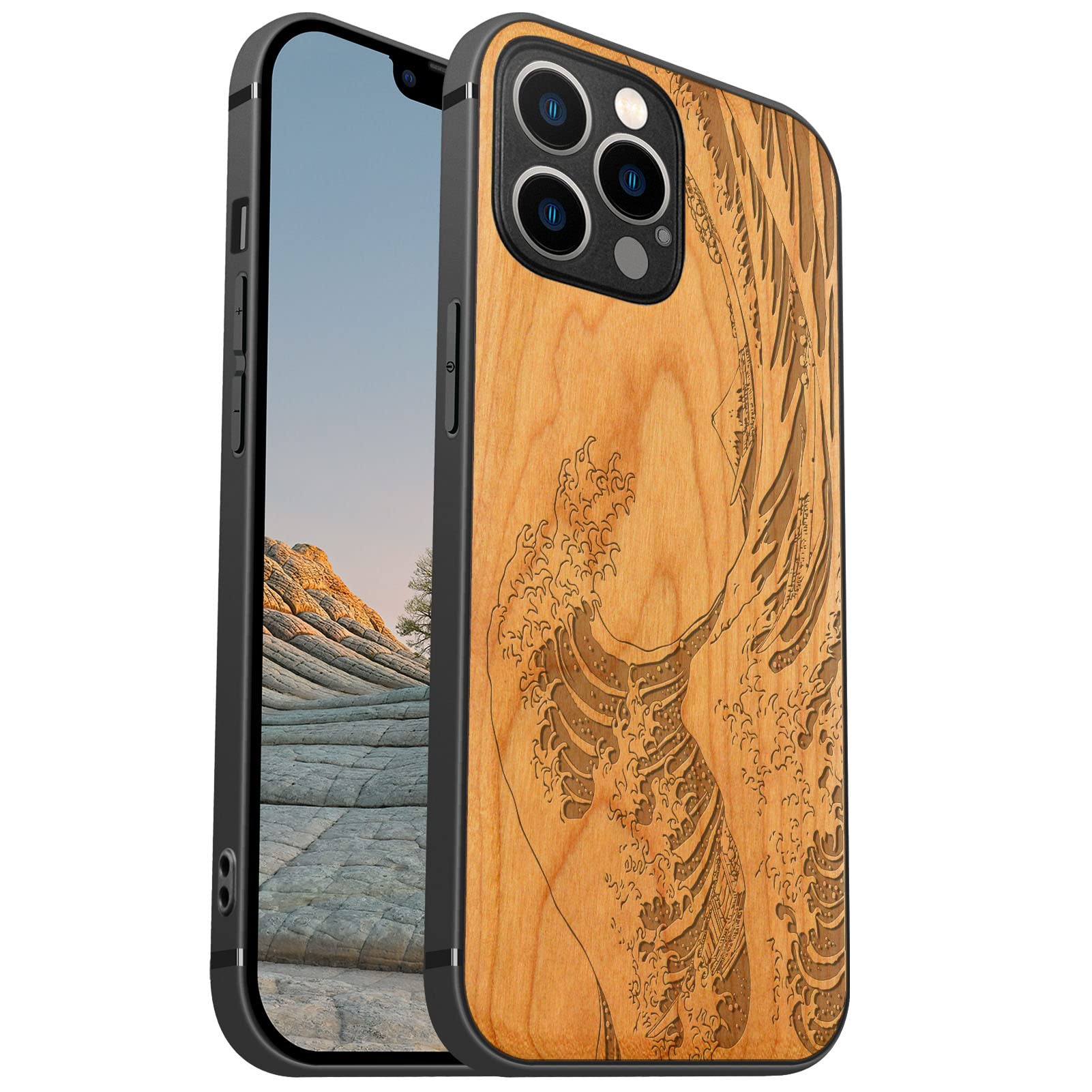 Carveit Magnetic Wood Case for iPhone 12 Pro - Hard Real Wood & Soft TPU - Shockproof - Unique & Classy - The Great Wave Off Kanagawa - Cherry - Laser Engraved Design - MagSafe Compatible