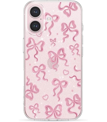 NITITOP Compatible With IPhone 13 Pro Case Clear Cute For Women Girls Glitter With 3D Bowknot Pattern Pearl Design Bling Sparkly Protective Phone Cover - Pink