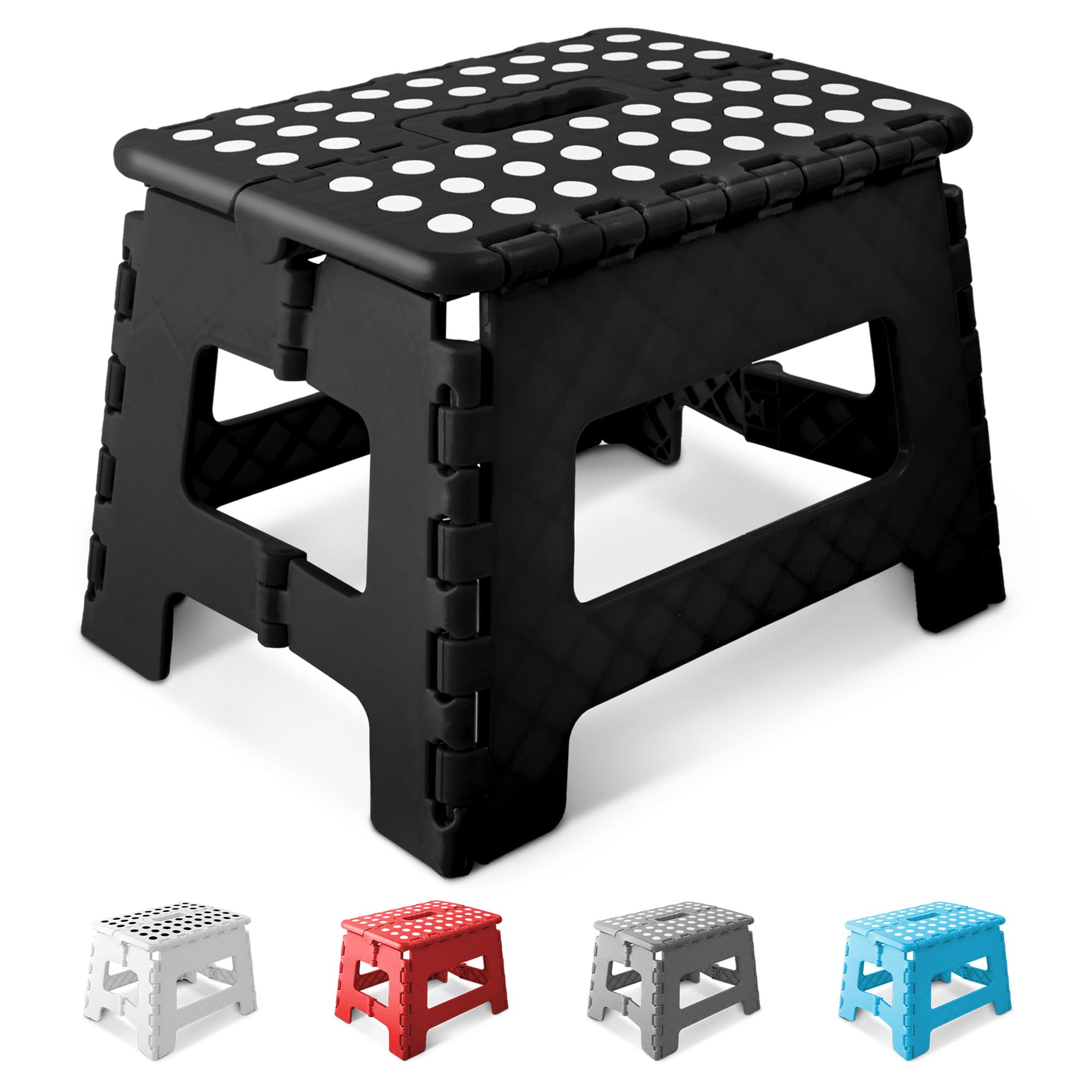 KEPLIN 9 Inch Heavy Duty Folding Step Stool | Non-Slip Foldable Footstool for Toddlers, Children & Adults | Portable, Lightweight Plastic Footstep w/Carrying Handle for Indoor or Outdoor (Black)