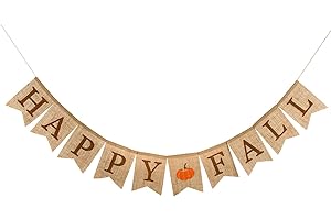 Whaline Happy Fall Pumpkin Burlap Banner Sign Harvest Home Decor Bunting Flag Garland for Mantel Fireplace Thanksgiving Day Party Decoration