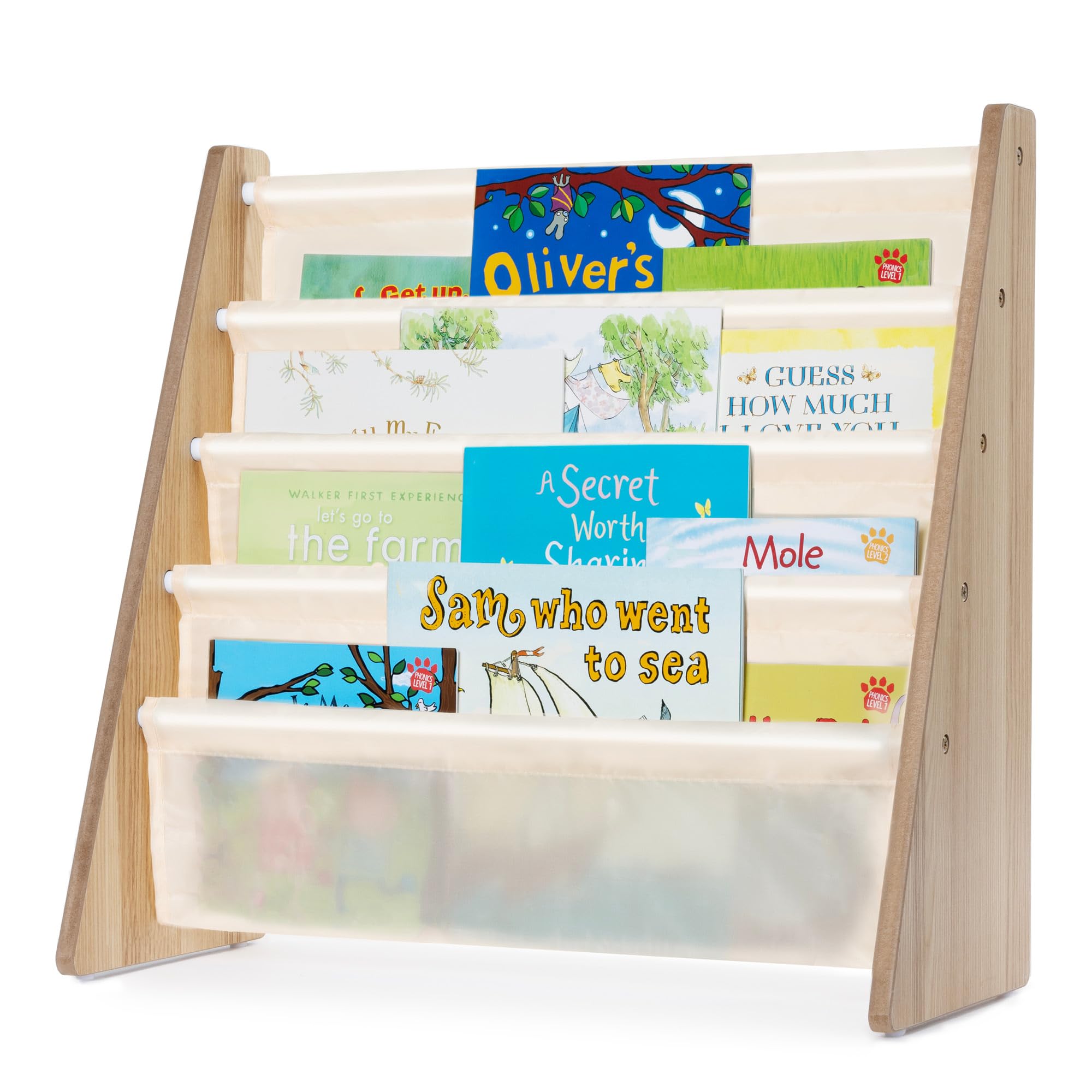 LIVIVO Colorful Kids Bookshelf - 4 Tier Children's Bookcase, Magazine and Book Storage Rack, Wooden Sling Book Organizer, Book Shelf for Kids Room, Bedroom, Nursery, Playroom (Natural)