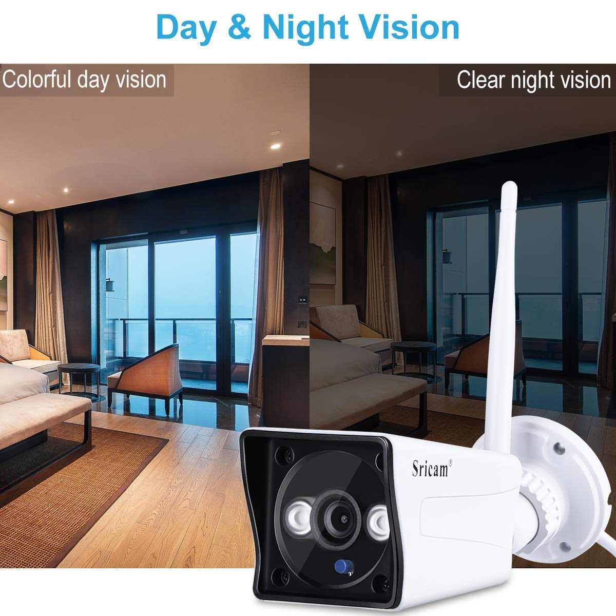 Sricam Caméra IP HD 1080p sans Fil Etanche Vision Nocturne Caméra de sécurité WiFi ONVIF IR-Cut Support Détection du Mouvement Alarme Mail/Téléphone Accès à Distance PC Phone P2P Blanche