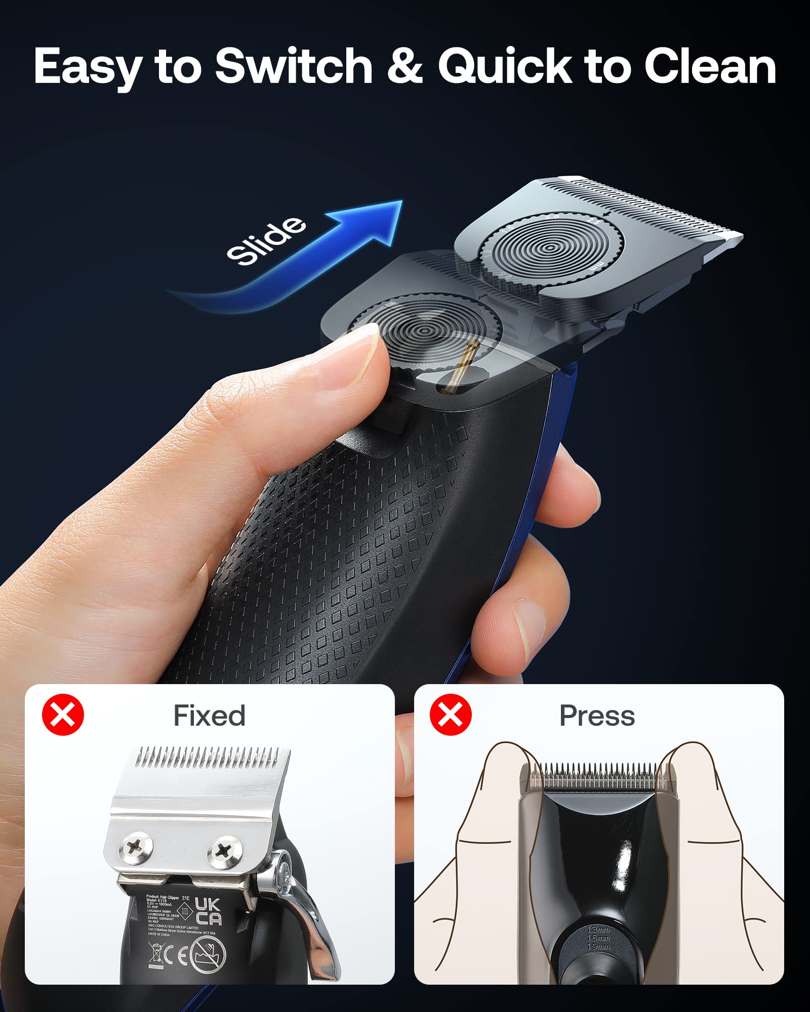 GLAKER Hair Clippers for Men - Cordless 2 in 1 Versatile Hair Trimmer with 10 Guards, Detachable Blades & Turbo Motor, Professional Mustache Grooming Kit for Barbers, USB C Rechargeable