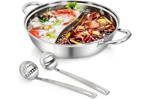 Peohud 304 Stainless Steel Hotpot Pot with Divider, 12 Inches Double-flavor Shabu Shabu Pot with Ladle and Slotted Spoon, Dua
