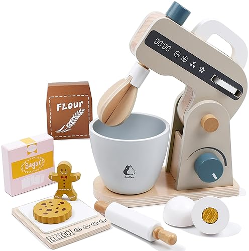 Kitchen Toys - PairPear Play Food Stand Mixer, Wooden Toys Bake Cookies Playset, Multi-Function Play Kitchen Accessories for Kids Ages 3+