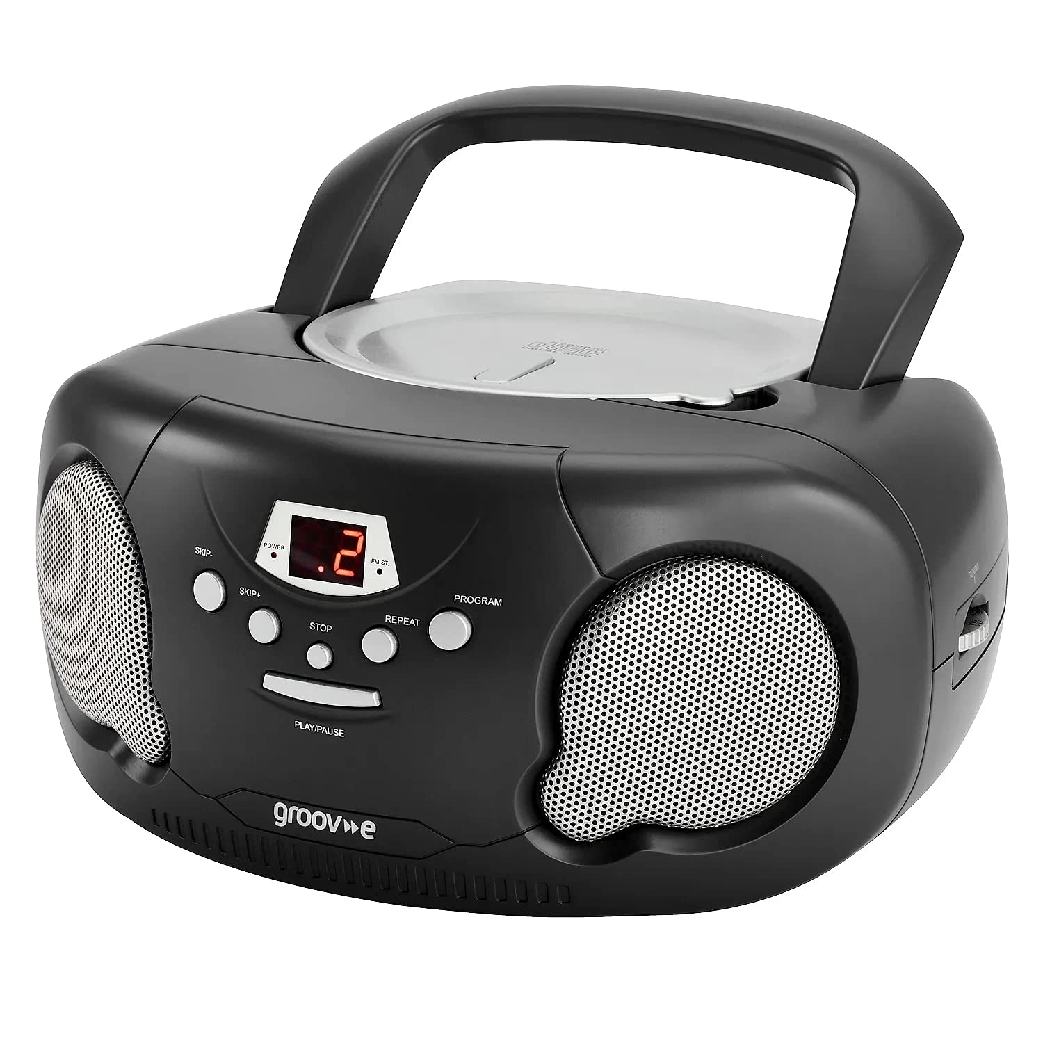 Groov-e Original Boombox - Portable CD Player with Bluetooth, Radio, 3.5mm Aux Port, & Headphone Socket - LED Display, 2 x 1.2W Speakers - Battery or Mains Powered - Black