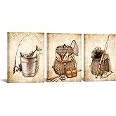KREATIVE ARTS Vintage 3 Piece Canvas Set, Rustic Fishing Décor with Rod, Reel & Lures Patent Prints - Fishing Accessories for Lake or Mountain Cabin, Bedroom, 12x16” Panels
