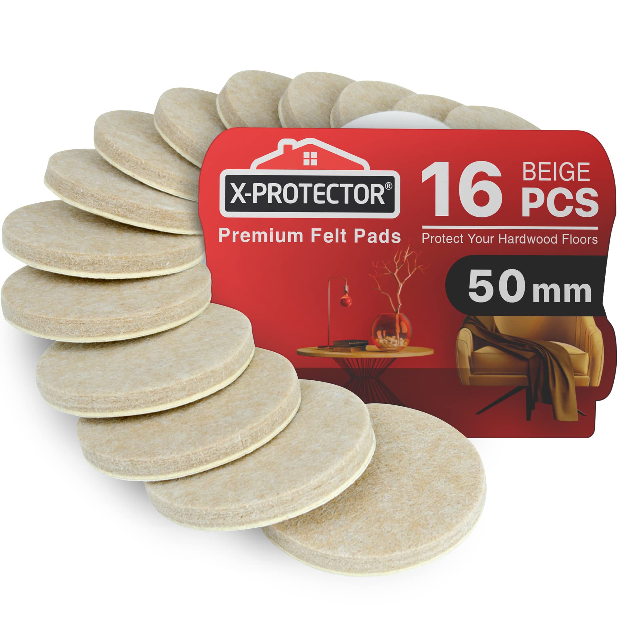 Furniture Pads Floor Protectors X-PROTECTOR 16 PCS 50 MM - Felt Pads for Chair Legs - Premium Furniture Felt Pads for Furniture Feet - Huge Quantity Floor Protector Pads - Protect Your Wood Floors!