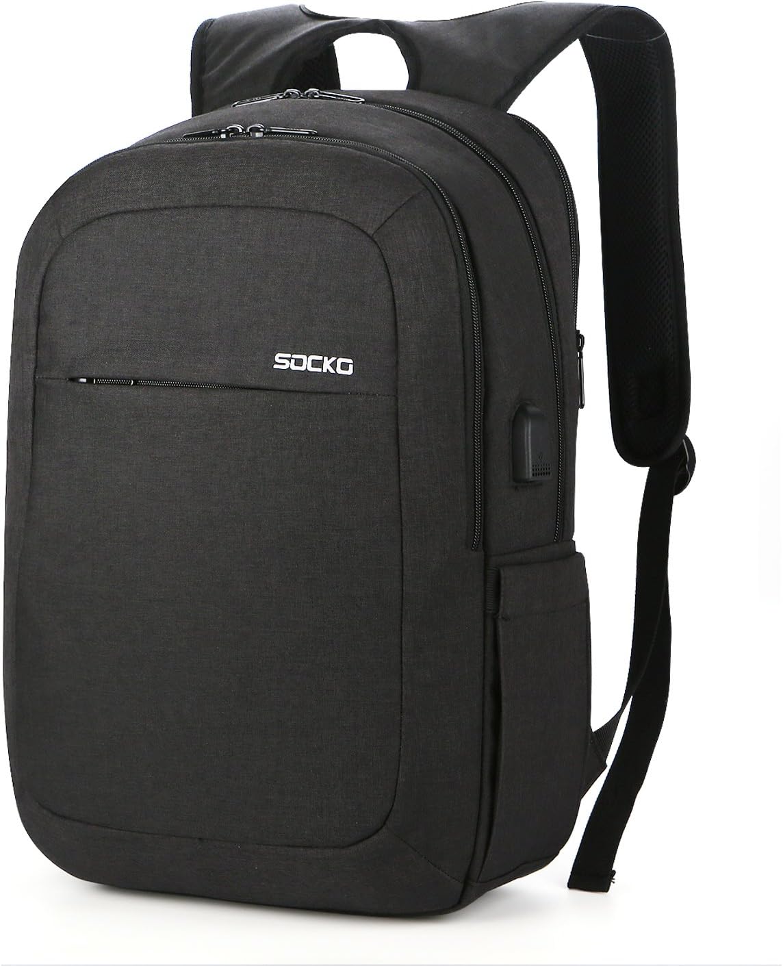 SOCKO 17.3 Inch Laptop Backpack w/USB Charging Port,Water Resistant Business Backpack Slim Light Weight College Computer Bag Rucksack Outdoor Work Bag for Men Women Fits 13,14,15,17 Inch Laptop,Black