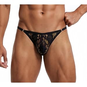 Men's Lace Black Thong Underwear, Adjustable Side Buckle Low Rise G-String