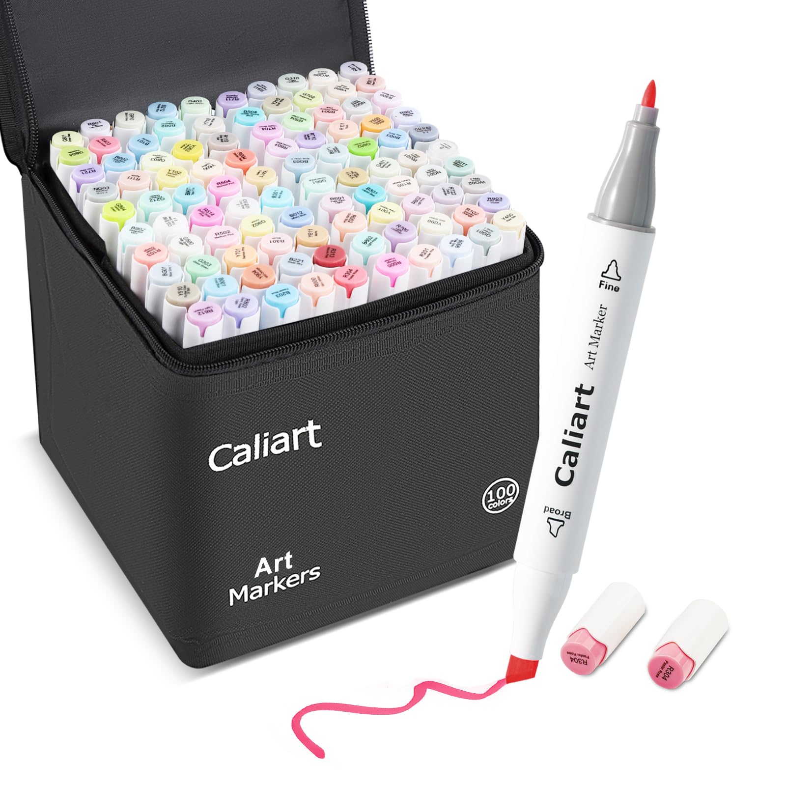 Caliart Pastel Markers, 100 Colors Dual Tip Art Markers Sketch Pens Permanent Alcohol Based, with Case for Adults Artists Drawing Illustration Sketching Coloring Image