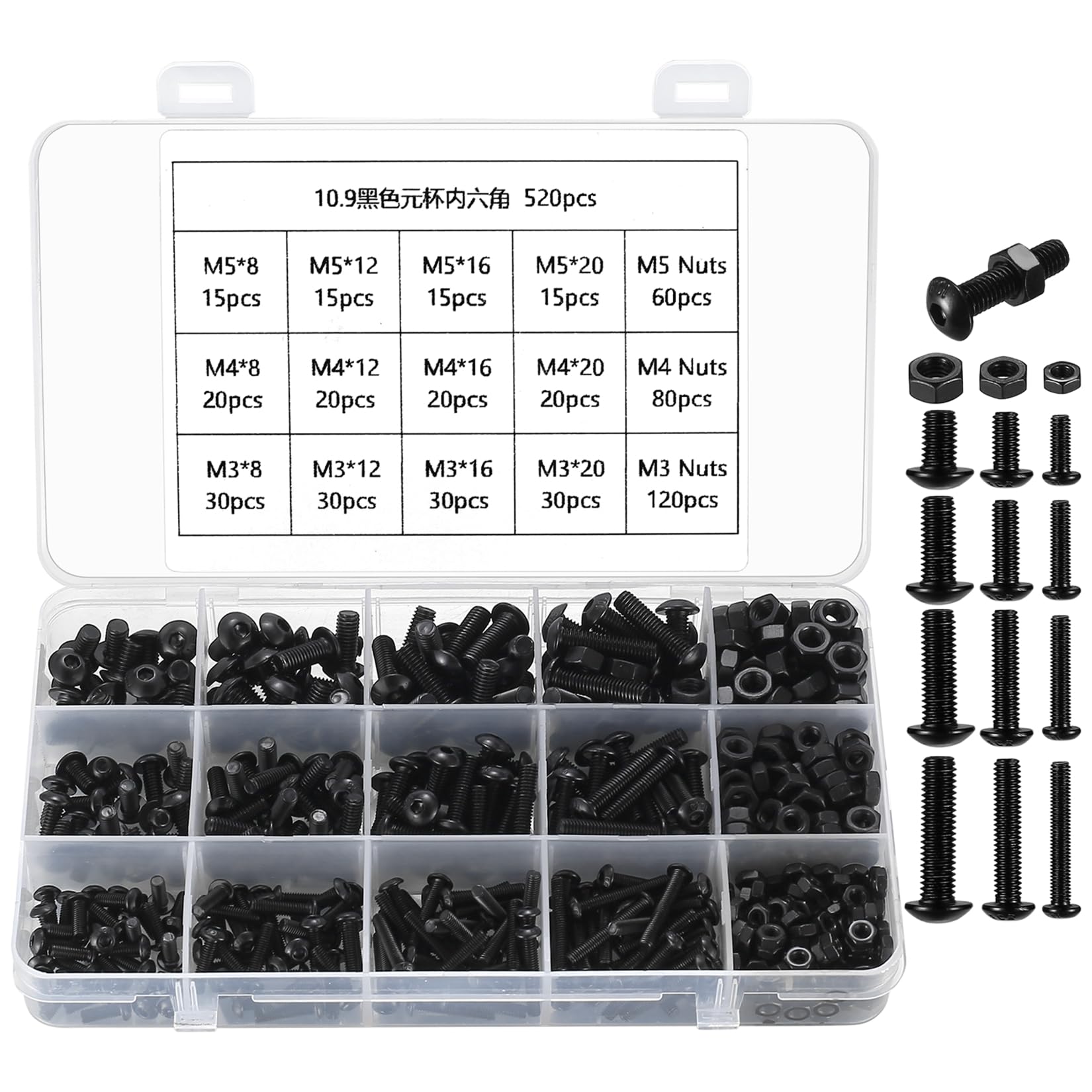 520 PCS Flat Head Screws with Nuts, M3/M4/M5 Carbon Steel Screws with Hex Nuts, Threaded Screw Set, Round Head Hex Nuts