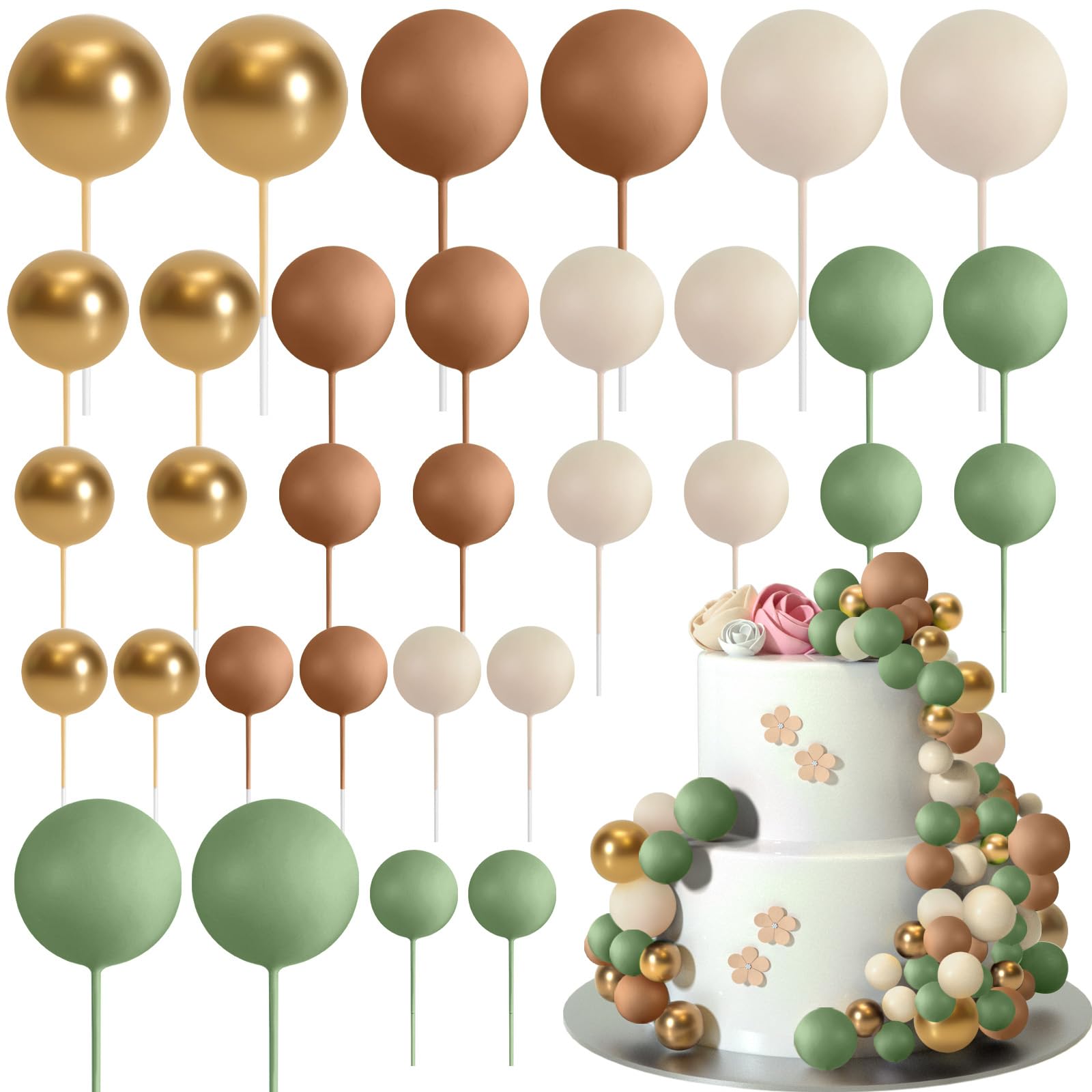 Photo 1 of ASTARON 32 Pcs Ball Cake Topper Decorations Mini Balloons Cake Topper Sticks Foam Balls Cake Picks Cake Topper Balls Cake Decorations for Wedding Party Birthday Cake Decorating (Green Brown Gold)