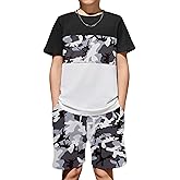 Arshiner Boys' 2-Piece Cotton Outfit Color Block T-Shirt and Shorts Set Casual Summer Clothes for Kids 6-14 Years