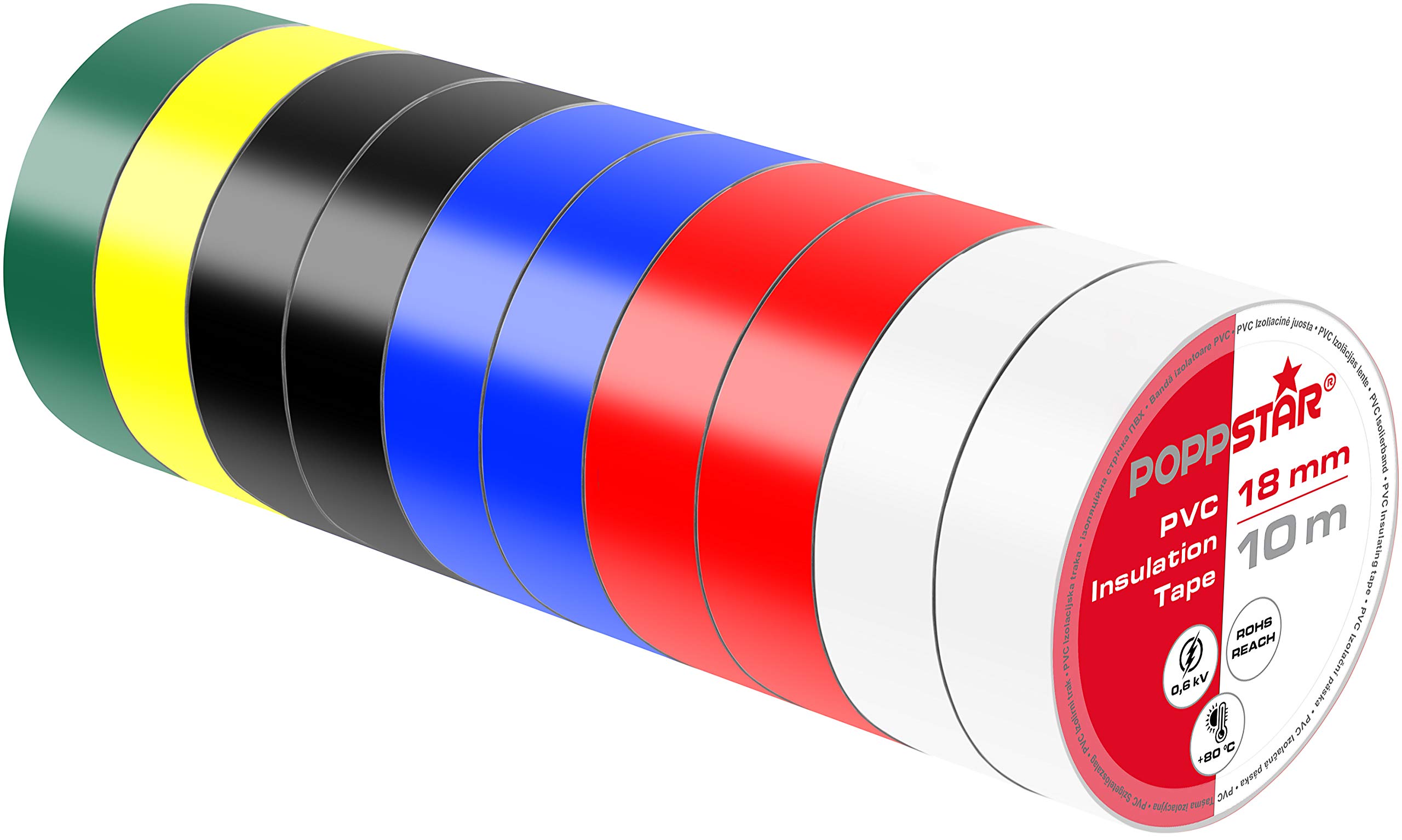POPPSTAR PVC insulating tape 10m (18mm wide, 0.18mm thick, 2x white, red, blue, black / 1x yellow, green), 10 rolls