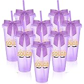 Reallnaive 8 Pcs Purple Sleepover Party Supplies Slumber Party Cup Birthday Squad Cup with Lid Straw and Twist Bow 24 oz Plastic Coffee Tumbler Travel Mug for Spa Pajama Birthday Favor Stuff