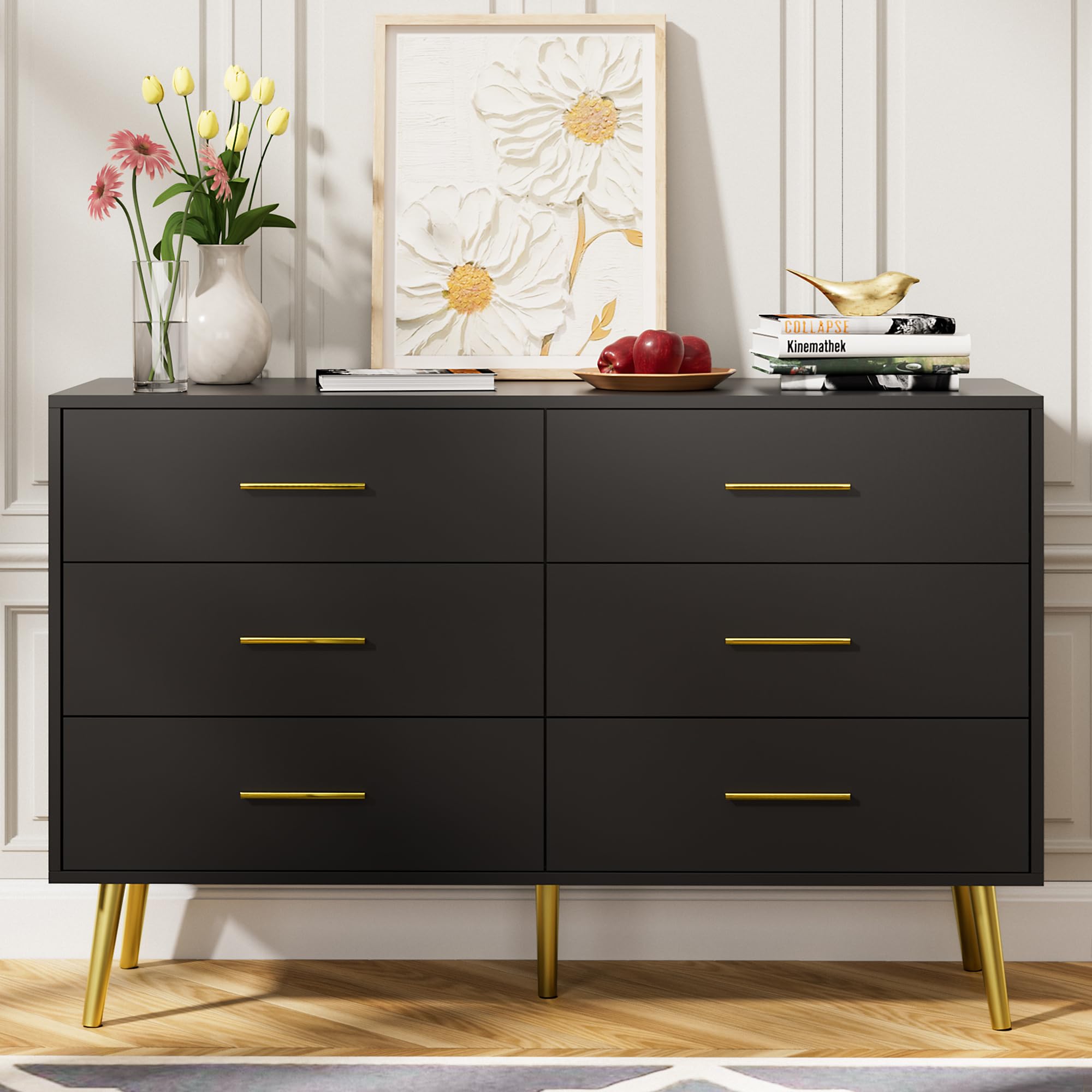 LYNSOM Black 6 Drawer Dresser for Bedroom with Gold Handles, Modern Chest  of Drawers, Wooden Dressers Organizer for TV Stand,Living Room, Hallway,  Entryway in Dubai - UAE | Whizz Dressers