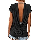 LilyCoco Womens Backless Shirt Draped Cowl Back Top Summer Sexy Open Back Blouse