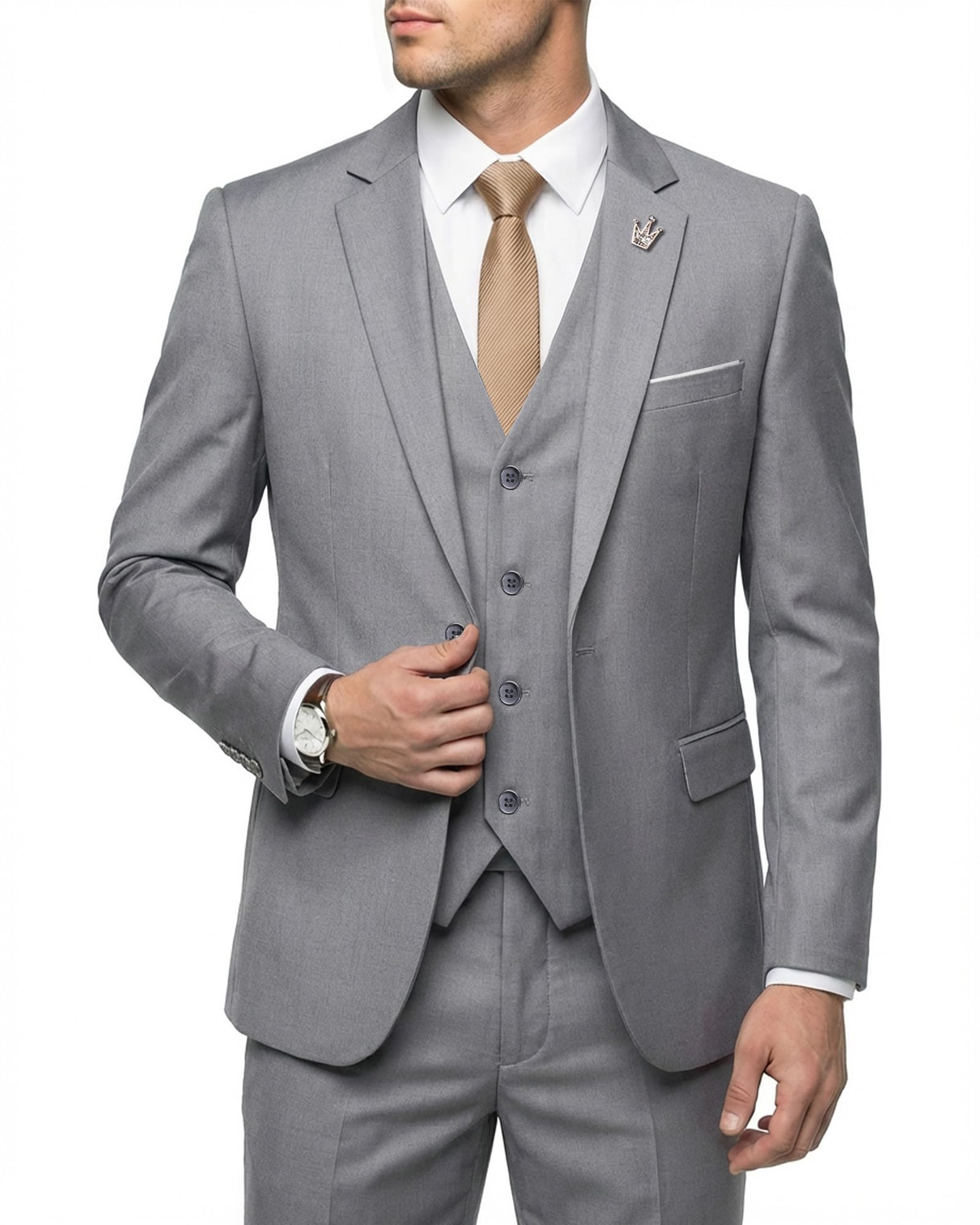 Photo 1 of Hihawk Men's 3 Piece Suit with Stretch Fabric, Solid Slim Fit One Button Suit Blazer Set, Jacket Vest Pants with Tie. Grey 3X-Large