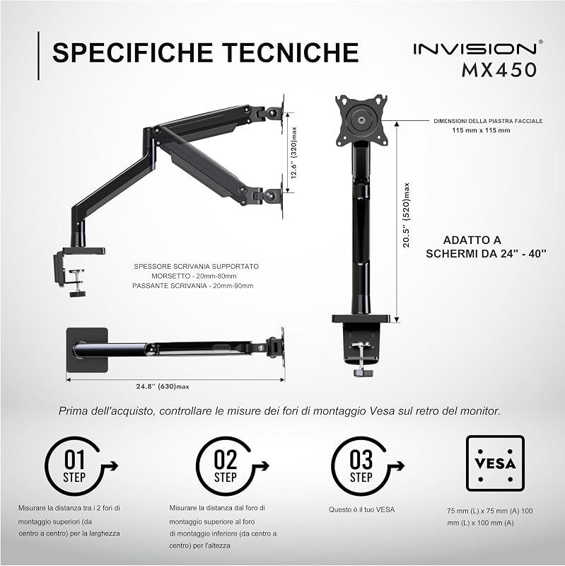 Supporto Braccio Monitor per Schermi 24-40 pollici Morsetto Tavolo Ergonomico Regolabile in Altezza VESA 75-100mm 2-15kg (MX450)