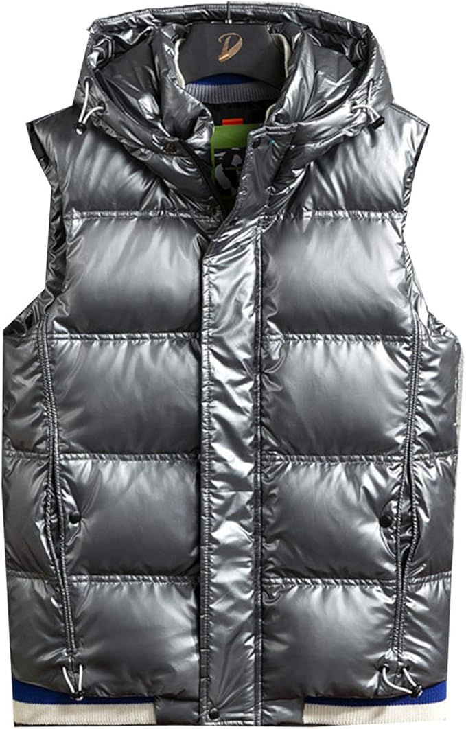Amazon 男性用 ダウンベスト 中綿ベスト 秋冬 メンズ フェザー フード付き 韓国 光沢 ツヤツヤ ライダース 暖か 防風 撥水 お洒落 チョッキ 袖なし 冬服 ショート アウトドア ハイキング 大きいサイズ カジュアル ブラック シルバー ブルー ベスト 通販